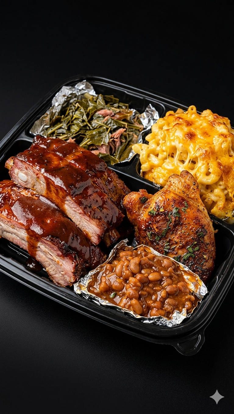 Soul food plate with fried chicken, collards, mac & cheese and cornbread